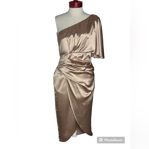 NWT Good Times One-Shoulder Ruched Wrap Dress in Champagne Size L - Picture 2 of 16